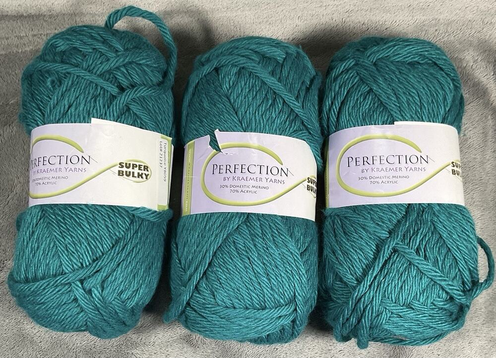 Kraemer Perfection Yarn Lot 3 Skeins Teal Wool Acrylic Bulky USA Made